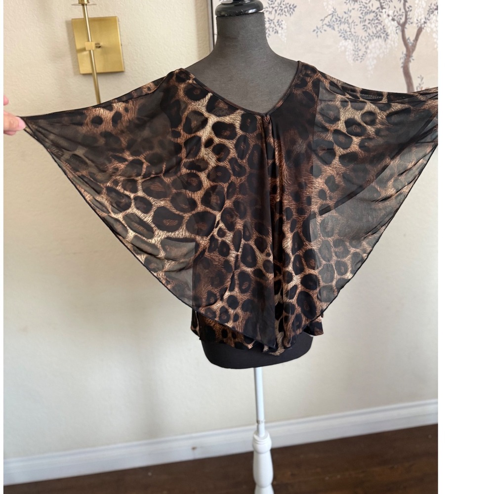Susan Lawrence Leopard Print Multi-Way Sheer Overlay Top Brown Black Medium
